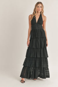 black lace floor length wedding guest dress