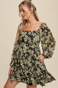 Kali Leaf Print Square Neck Tiered Mini Dress