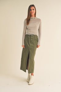 Eleanor Olive Washed Cotton Slit Front Long Skirt