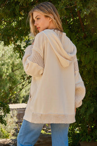 Cream Terry Knit Hooded Cardigan with Pocket