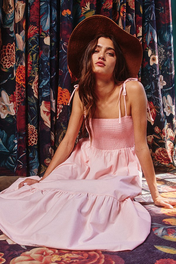 Amina Smocked Poplin Pink Midi Dress Small Amina Smocked Poplin Pink Midi Dress Small