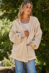 Cream Terry Knit Hooded Cardigan with Pocket