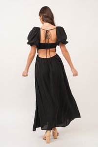 Zuri Black Open Back Smocked Midi Dress