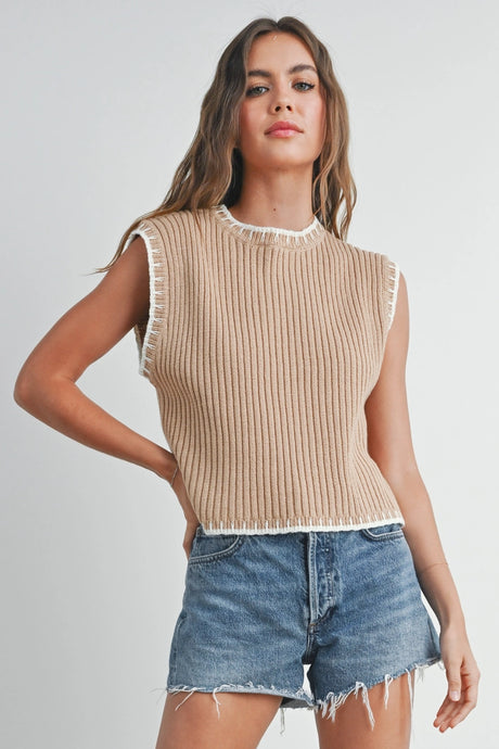 Contrast Hem Sweater Vest - Tan