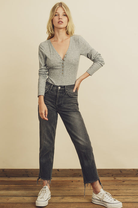 Keira Long Sleeve Henley Bodysuit - Grey