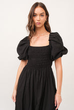 Load image into Gallery viewer, Zuri Black Open Back Smocked Midi Dress