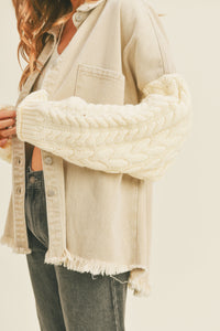 cardigan knit button down denim shacket casual outfit beige ivory