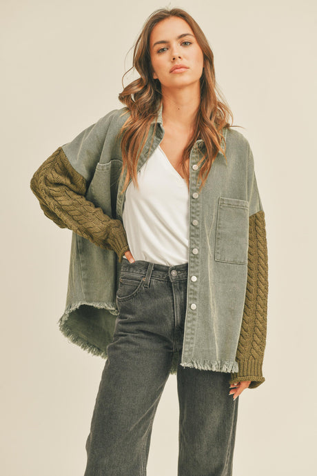 Camille Denim Cardigan Shacket - Olive