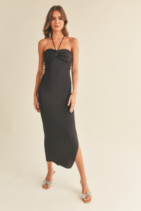 Kimmie Black Halter Ribbed Knit Midi Dress