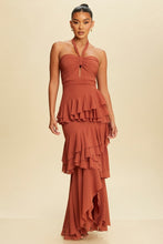 Load image into Gallery viewer, Jayla Twisted Ruffle Ariella Wine Maxi Dress - Rust