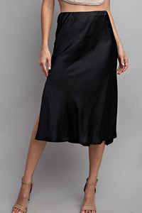 Black Satin Slit Midi Skirt