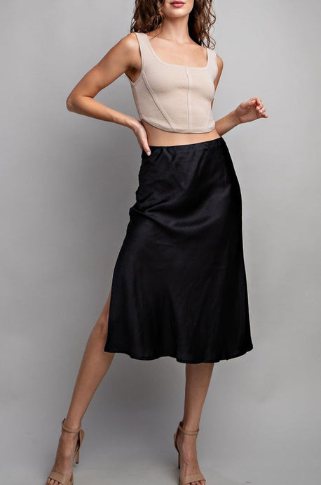 Black Satin Slit Midi Skirt