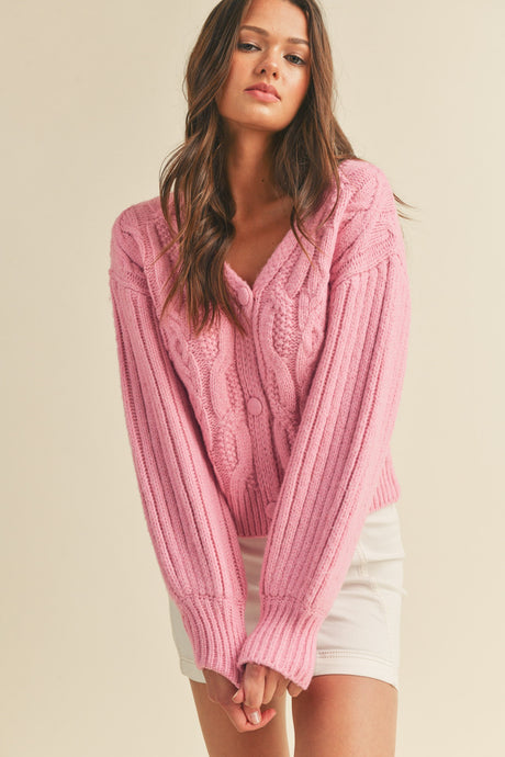 Kasey Cable Knit Button Cardigan - Pink
