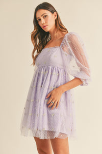 Kyra Puff Sleeve Tulle Ribbon Babydoll Dress - Lavender