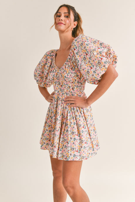 Harley Floral Print V-Neck Puff Sleeve Mini Dress - Pink