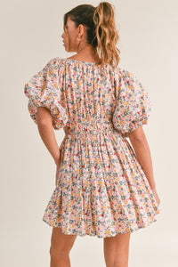Harley Floral Print V-Neck Puff Sleeve Mini Dress - Pink