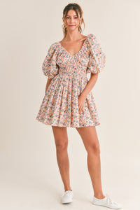 Harley Floral Print V-Neck Puff Sleeve Mini Dress - Pink
