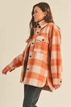Load image into Gallery viewer, Brushed plaid flannel button down shacket orange cream oversized winter fall women’s jacket