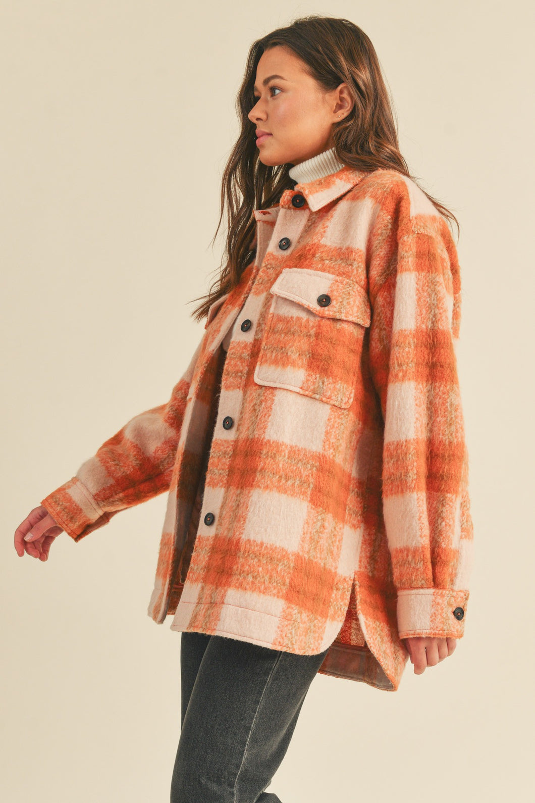 Brushed plaid flannel button down shacket orange cream oversized winter fall women’s jacket