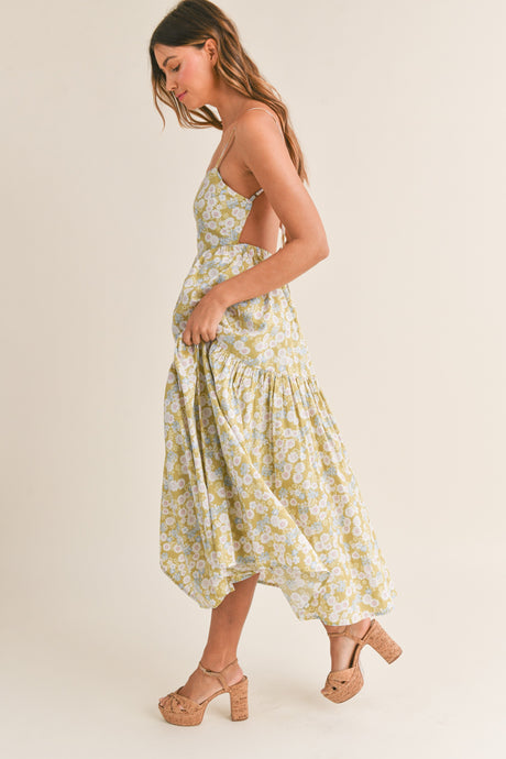 Nora Spaghetti Strap Green Floral Maxi Dress