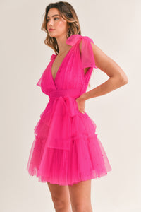 Kara Hot Pink Pearl Tulle Mini Dress