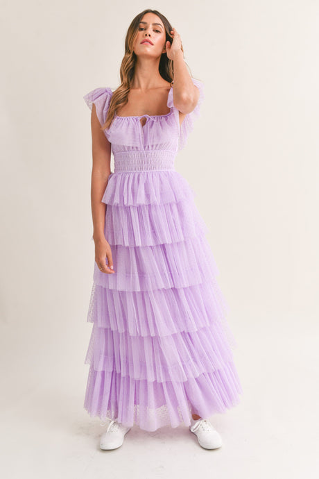 Margot Polka Dot Tulle Midi Dress - Lavender