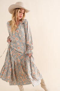 Lynn Floral Print Bohemian Tiered Maxi Dress - Sage