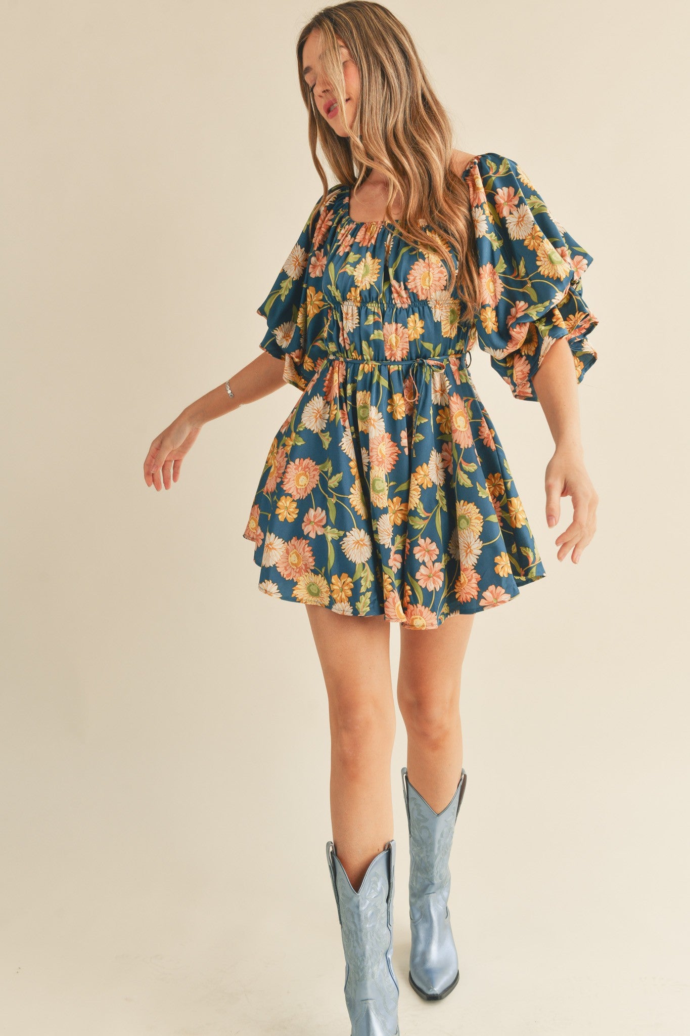 faye mini dress Faye Teal Floral Ruched Mini Dress Large