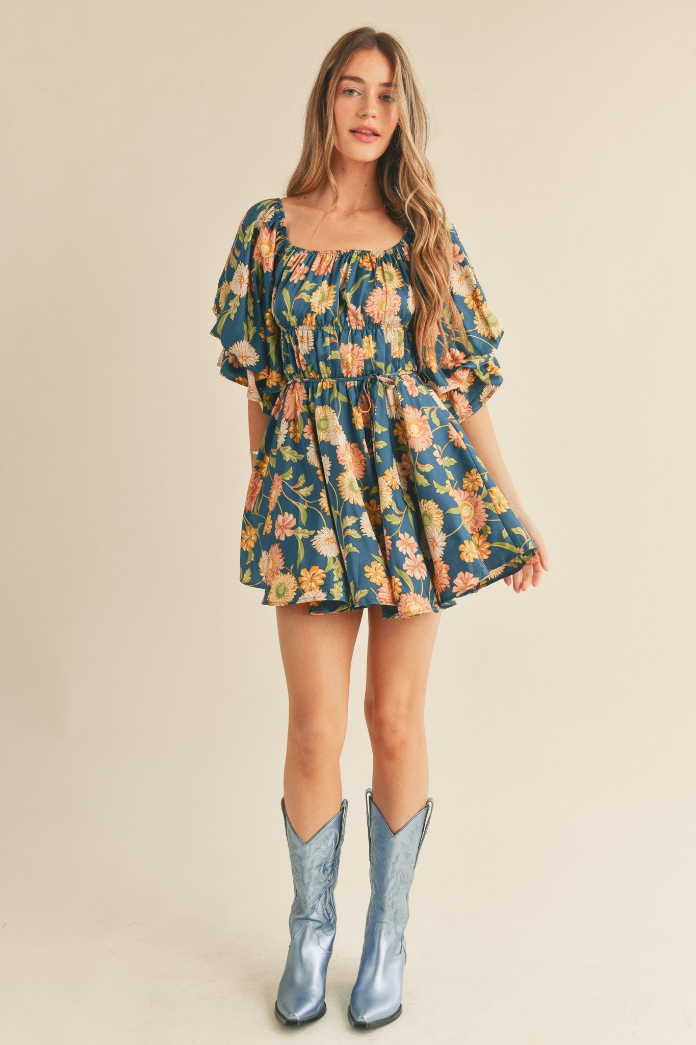 blue floral ruched mini dress Square Neck Ruched Bust Lace Up Back Mini Dress In Blue Floral Print | EGO US