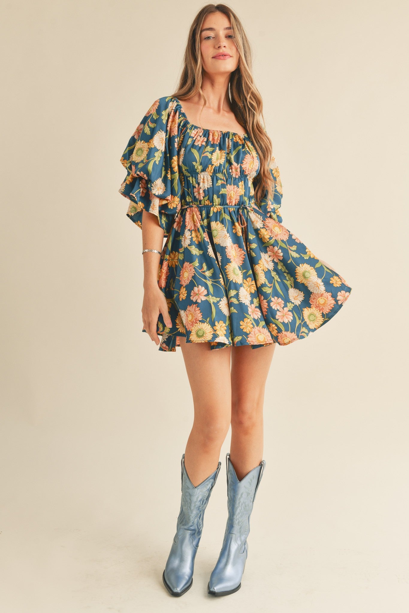 Faye Teal Floral Ruched Mini Dress Large
