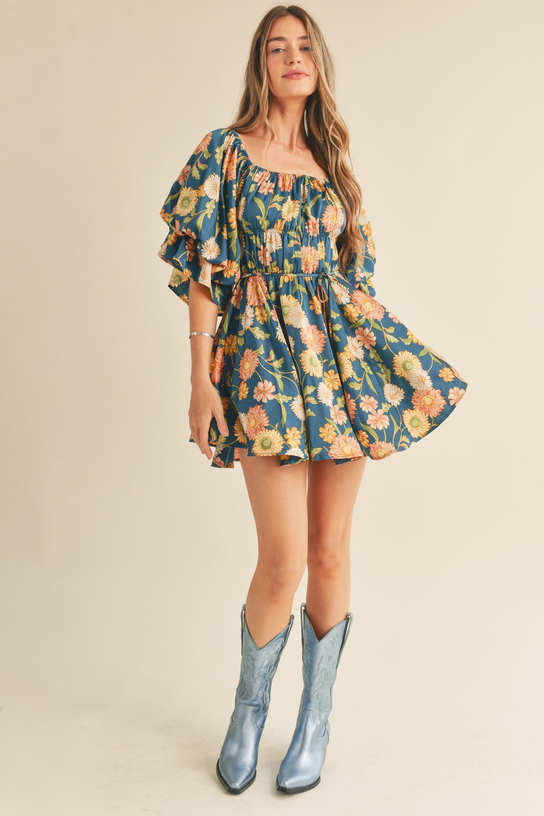 Faye Teal Floral Ruched Mini Dress