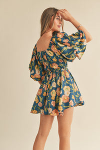 Faye Teal Floral Ruched Mini Dress