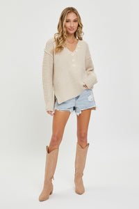 Waffle Knit Henley Button Sweater