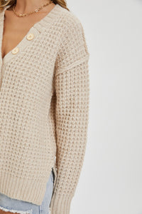 Waffle Knit Henley Button Sweater