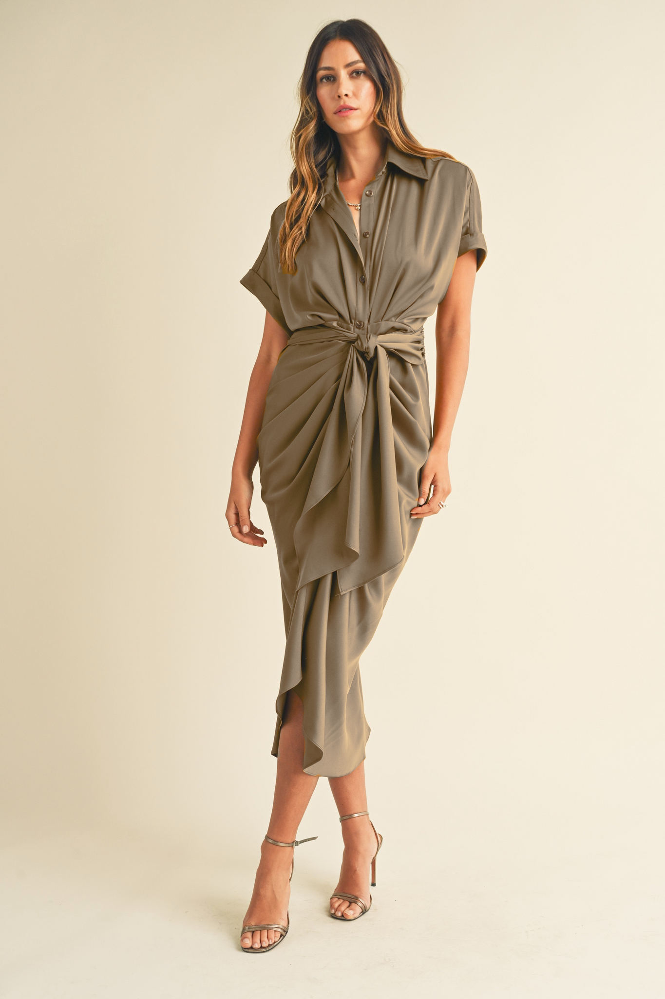 Button Down Satin Midi Shirt Dress - Champagne Thread + Vine Boutique Button Down Satin Midi Shirt Dress - Champagne Thread + Vine Boutique