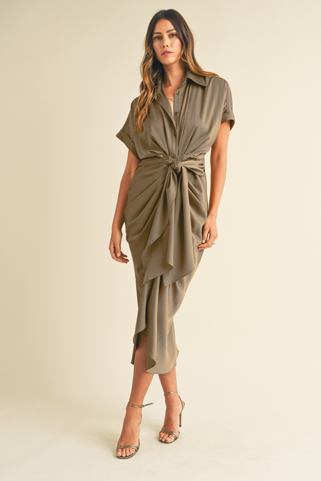 Button Down Satin Midi Shirt Dress