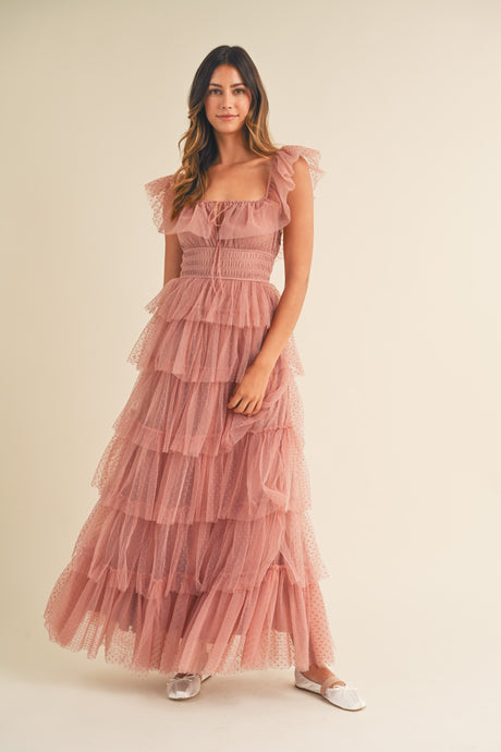 Margot Polka Dot Tulle Midi Dress - Mauve