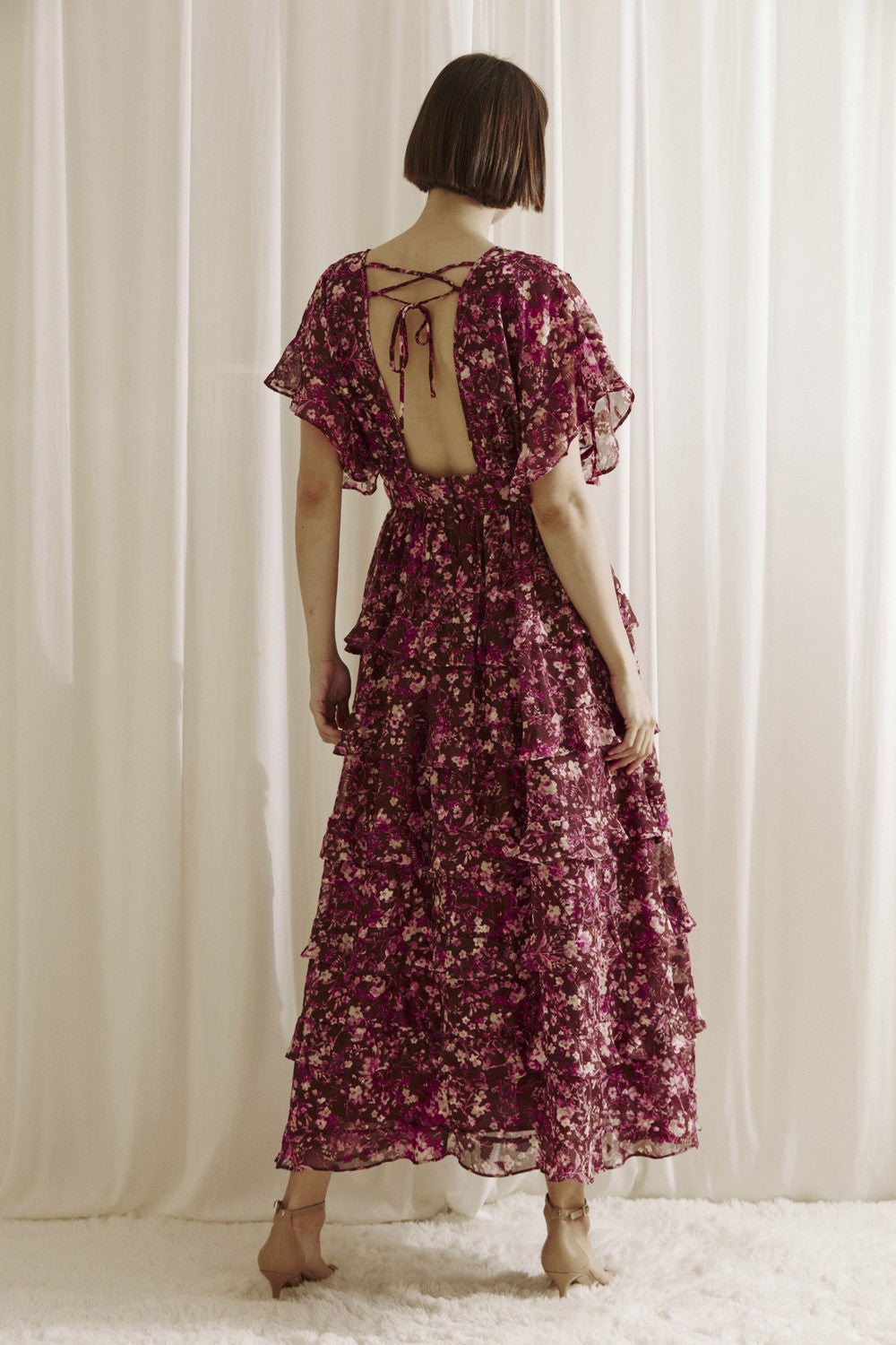 burgundy floral dress Aubree Ruffled Floral Print Midi Dress