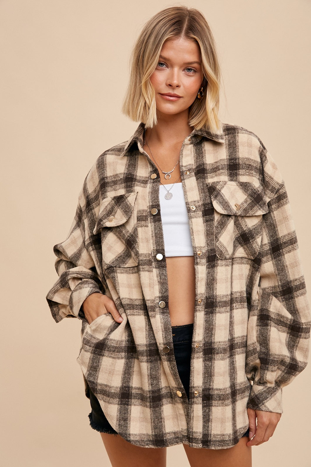 Neutral beige button down jacket plaid shacket 