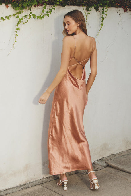 Adelaide Satin Cowl Neck Open Back Maxi Dress - Pink Sand