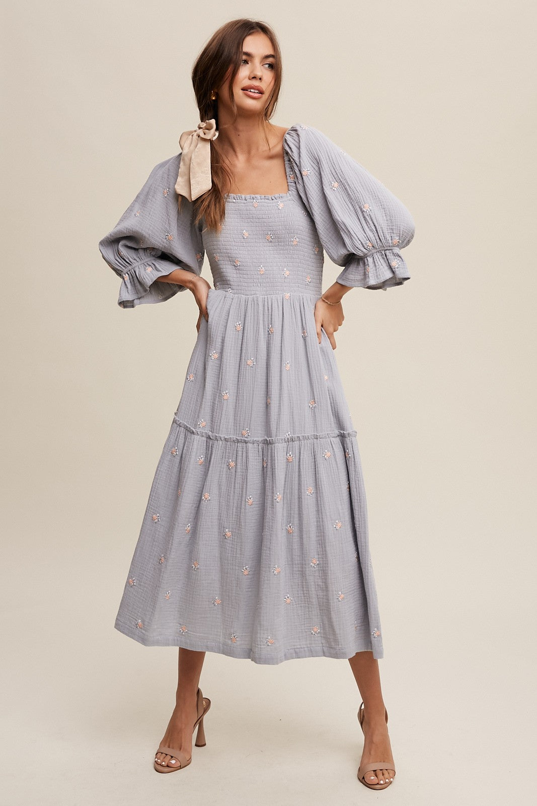 grey floral midi dress Ruched Light Grey Floral Midi Dress - Event Dresses