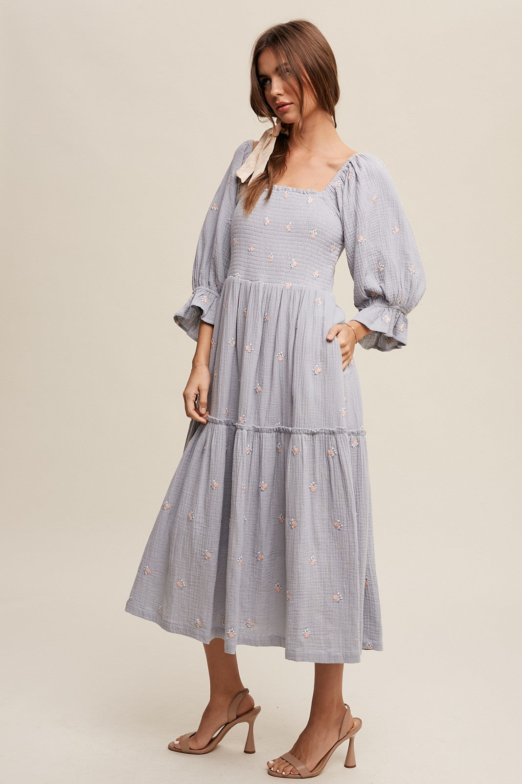 dusty blue midi dress with sleeves Azazie Square A-Line Midi Cocktail Dresses in Dusty Blue