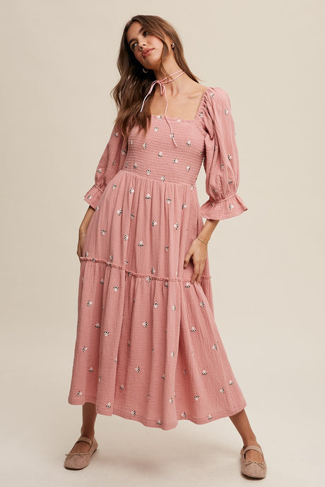 Karina Smocked Floral Midi Dress - Rose: PREORDER