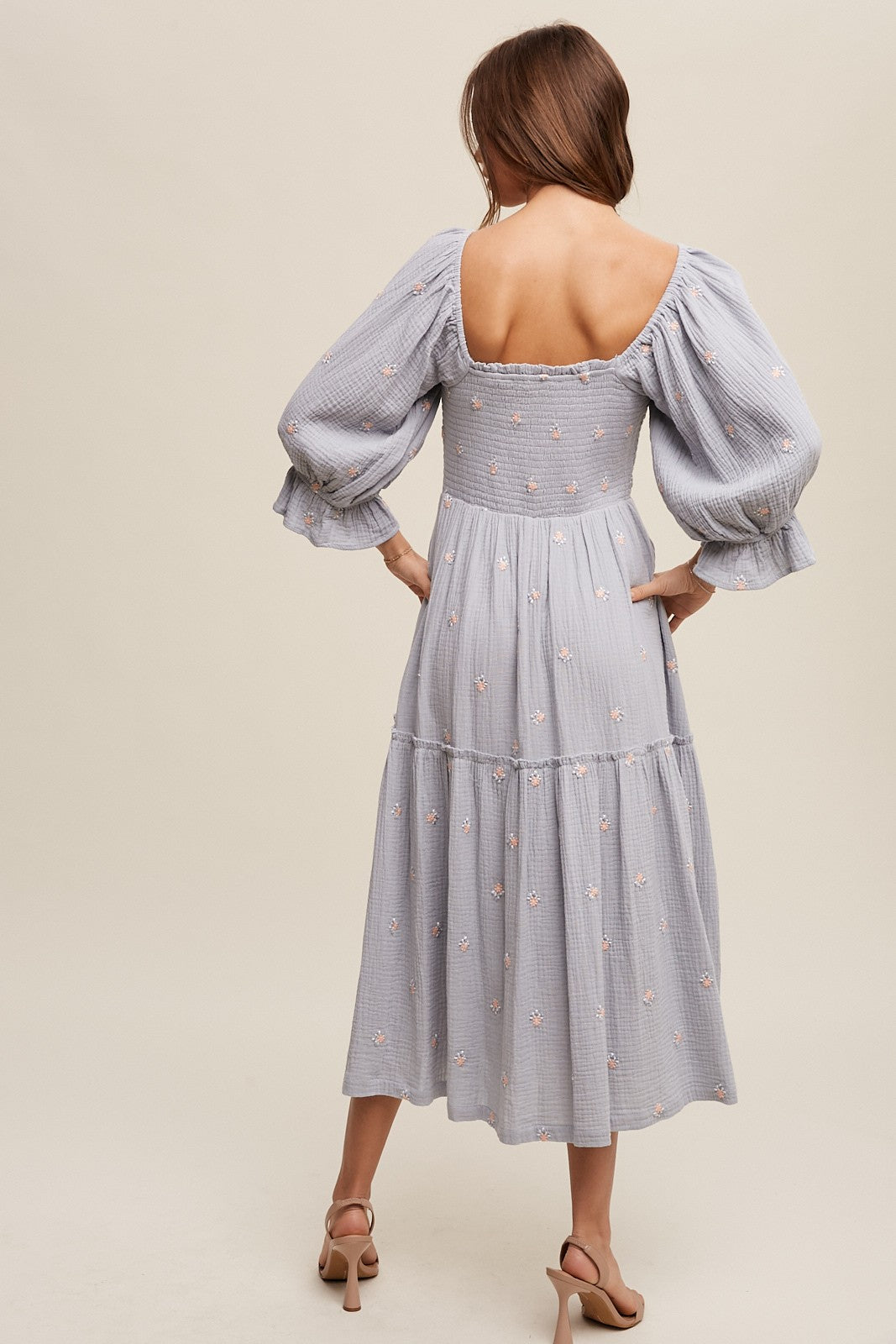 Listicle Ditzy Floral Embroidery Puff Sleeve Maxi Dress | Dusty Blue | M Listicle Ditzy Floral Embroidery Puff Sleeve Maxi Dress | Dusty Blue | M