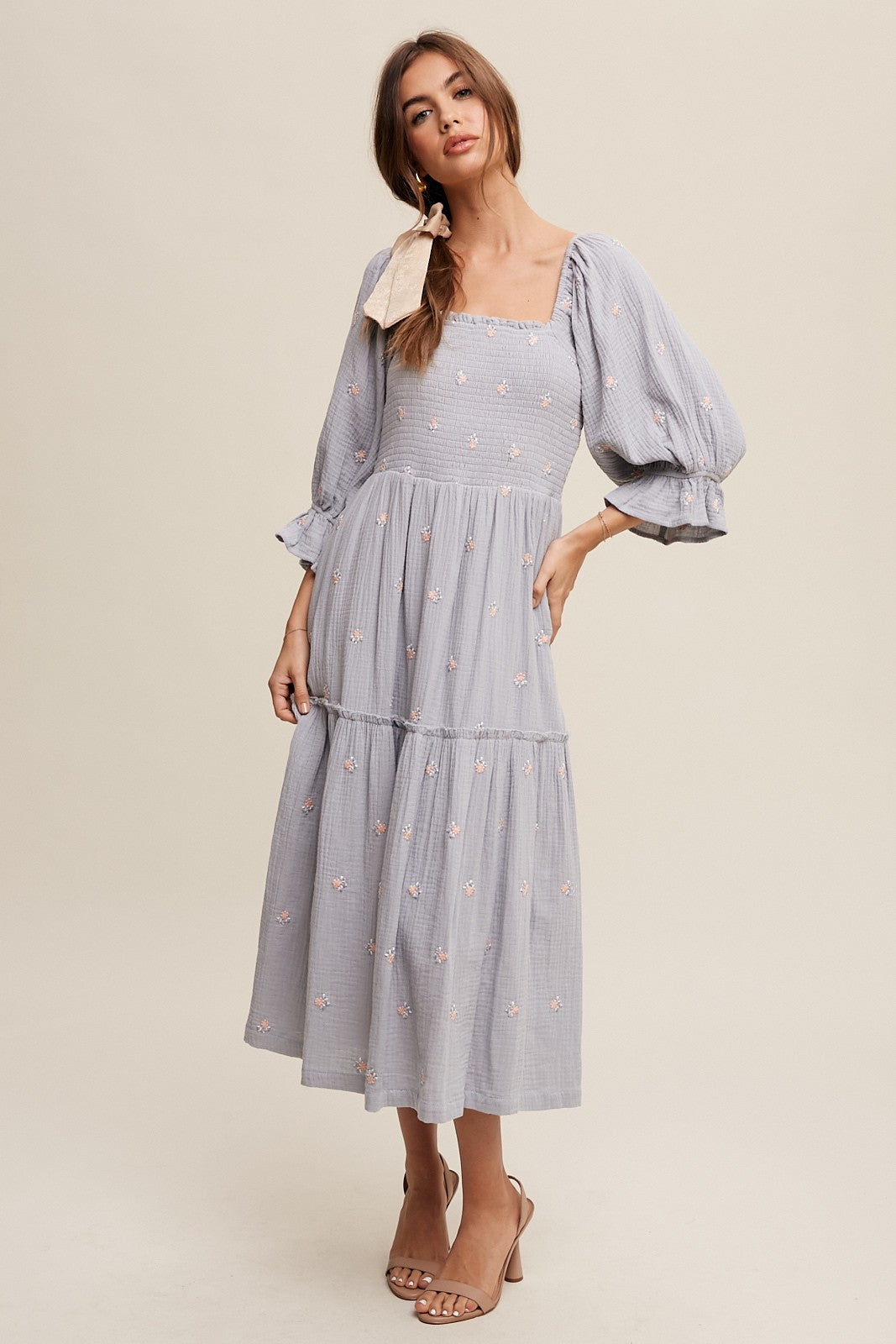 Listicle Ditzy Floral Embroidery Puff Sleeve Maxi Dress | Dusty Blue