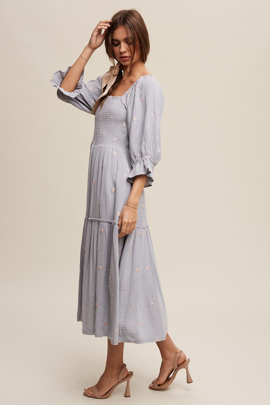 white christmas dresses Listicle Ditzy Floral Embroidery Puff Sleeve Maxi Dress | Dusty Blue