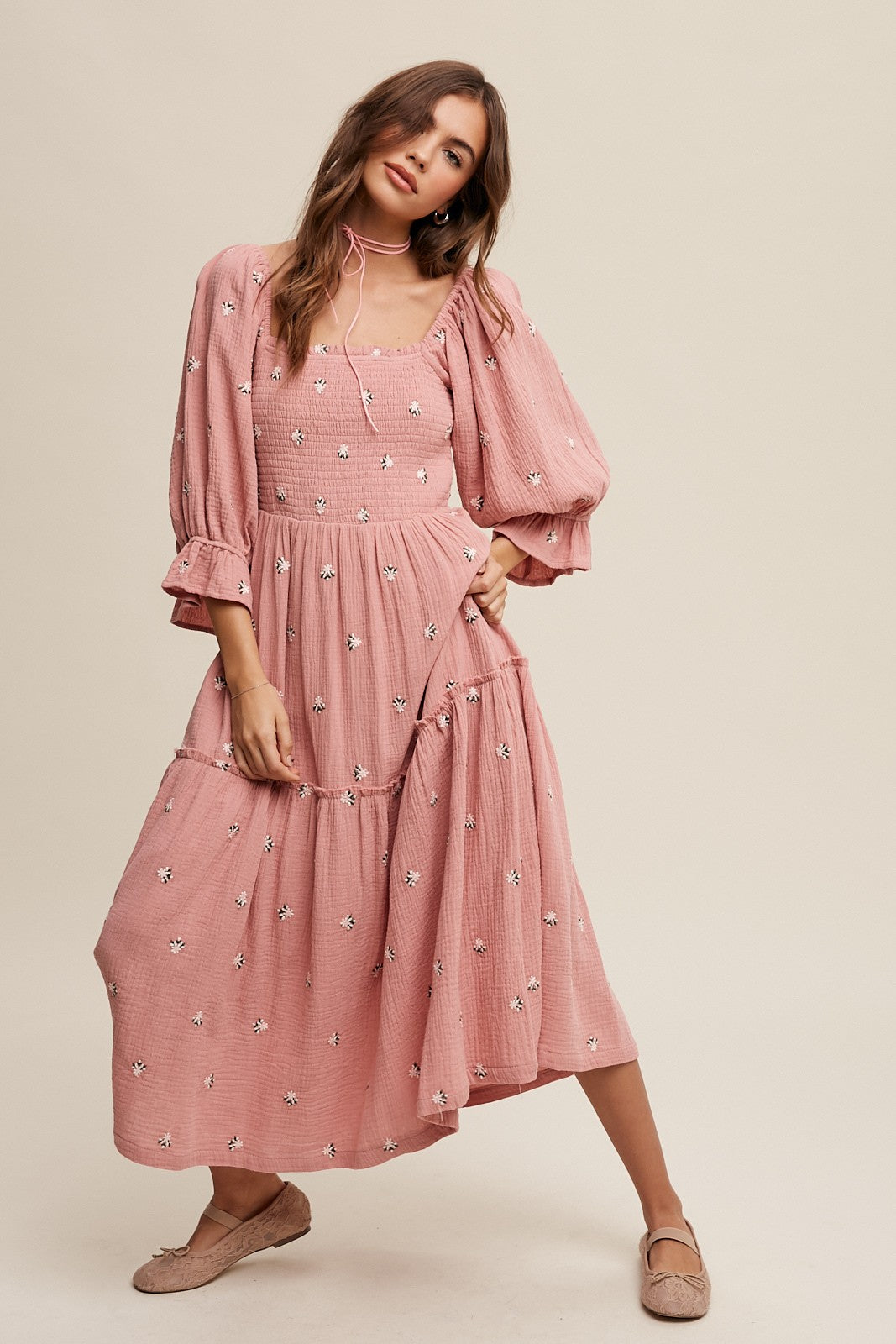 knee length dresses for ladies Smocked Yellow Floral Midi Dress | Trendy Women's Dress main image 0