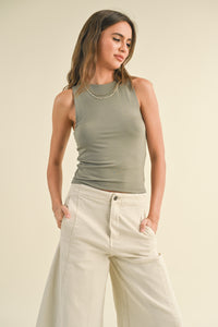 Double Layer High Neck Tank - Olive