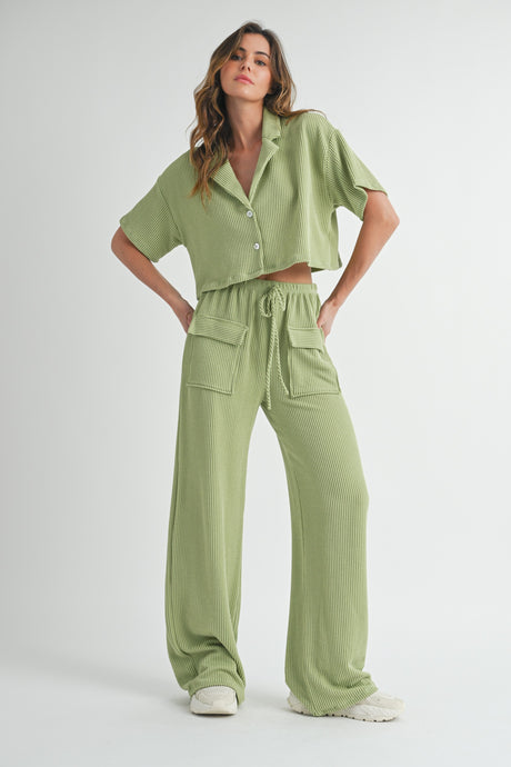 Isla Ribbed Cargo Pocket Shirt and Pants Matching Set