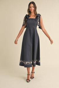 Rowan Embroidered Ribbon Tie Maxi Dress - Navy